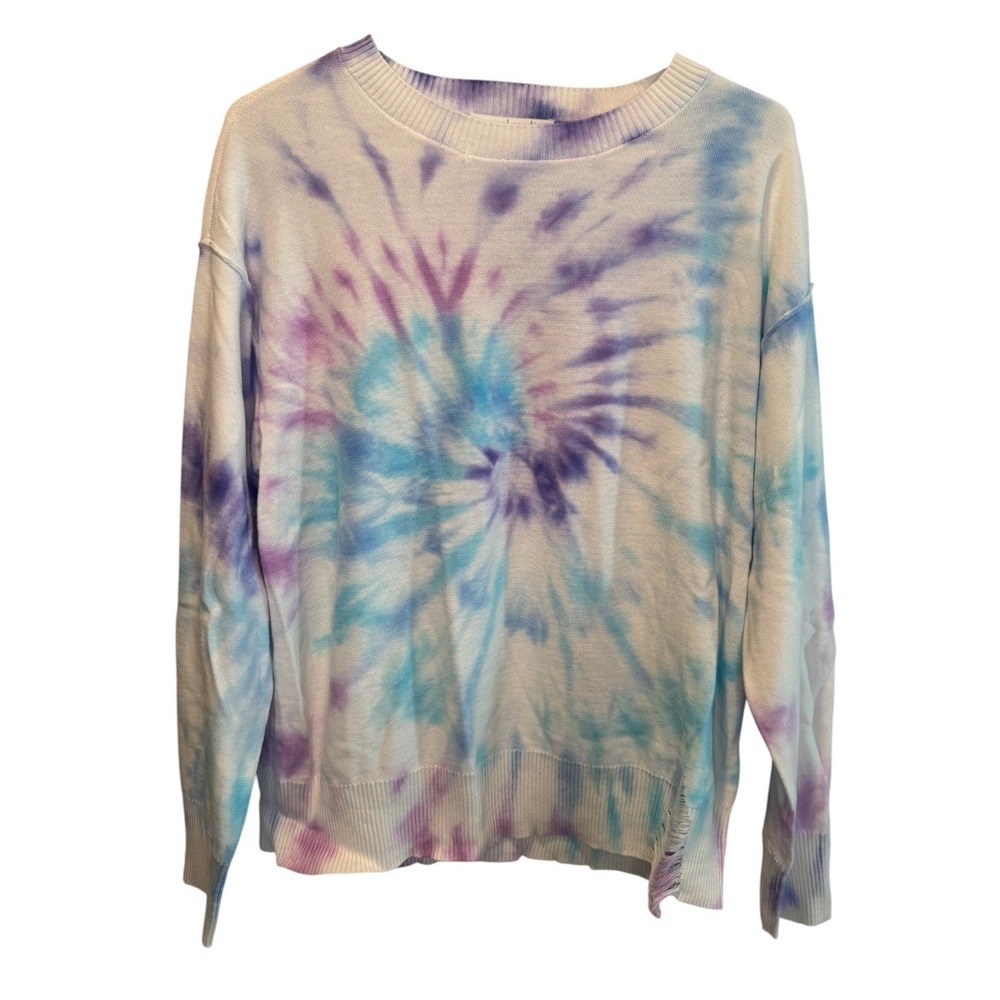 Peace Love World Womens Blue Tie Dye Distressed Knit Sweater XS NEW